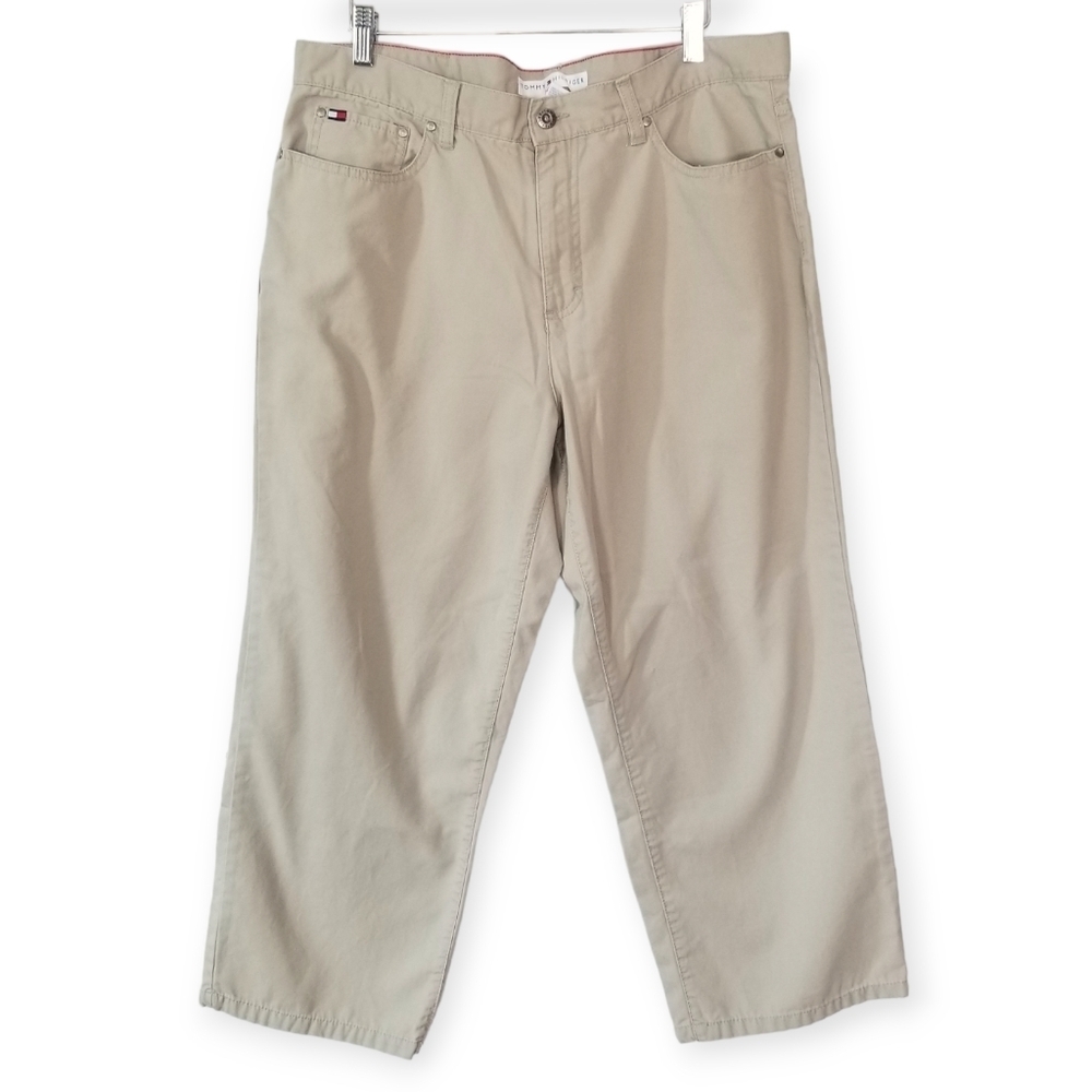 Y2K Tommy Hilfiger Cropped Khaki Pants, all cotton, women 14 - Picture 1 of 8